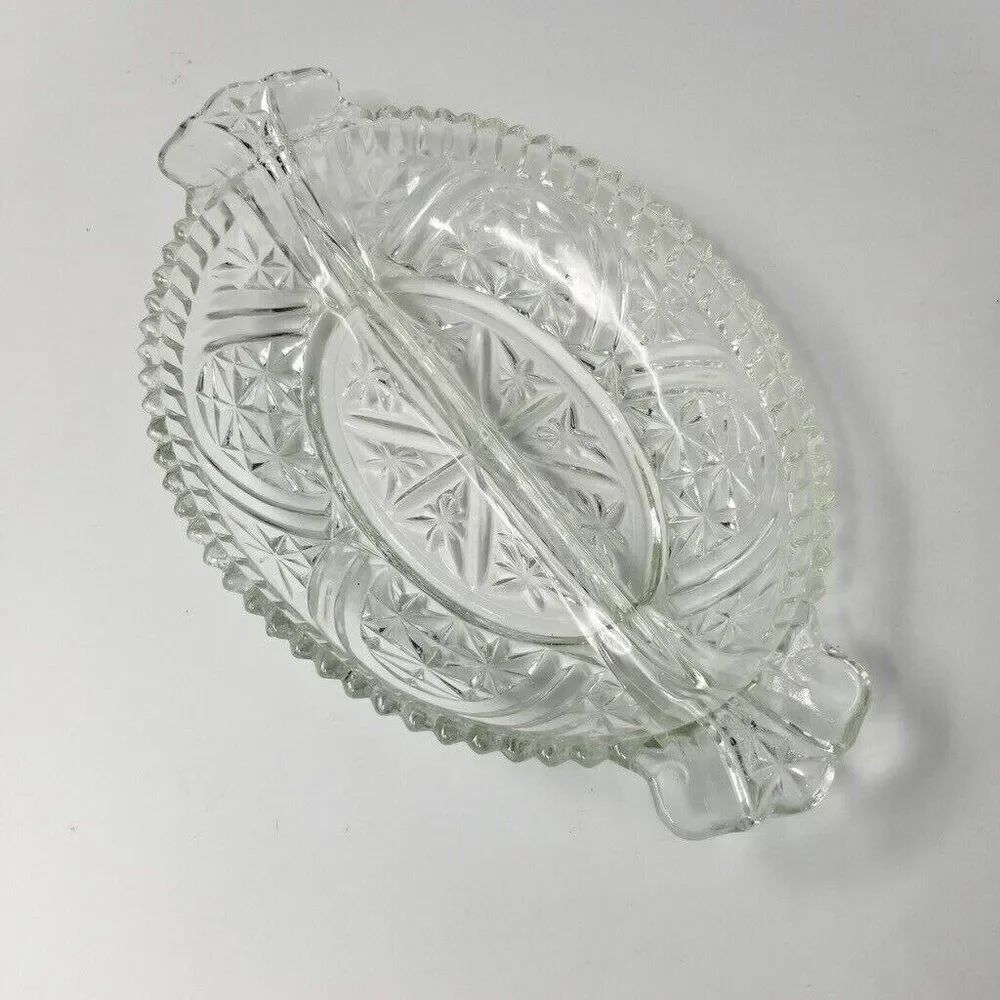 Vintage Anchor Hocking 2 Part Relish Dish Clear Crystal Candy Dish Star Design